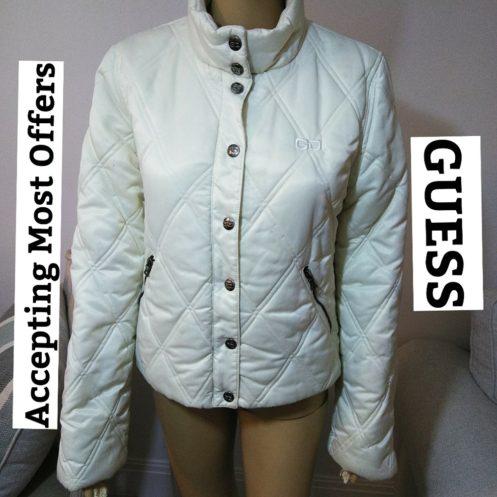 Guess Jeans White Nylon‎ Zip up Jacket Sz PS